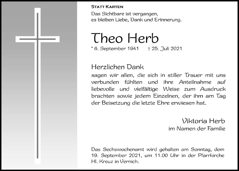  Traueranzeige für Theo Herb vom 28.08.2021 aus  Blickpunkt Euskirchen 