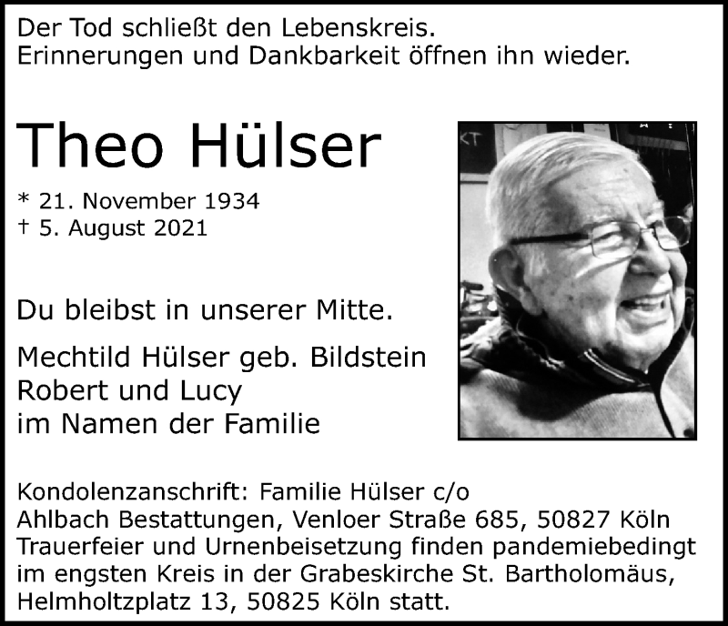  Traueranzeige für Theo Hülser vom 14.08.2021 aus Kölner Stadt-Anzeiger / Kölnische Rundschau / Express