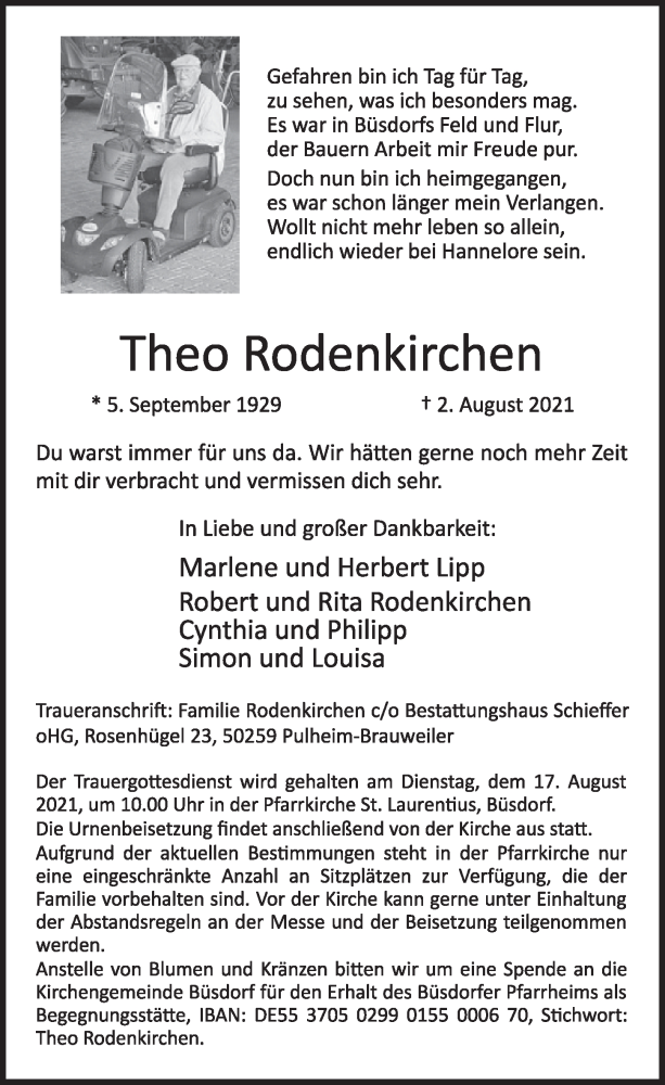  Traueranzeige für Theo Rodenkirchen vom 13.08.2021 aus  Werbepost 