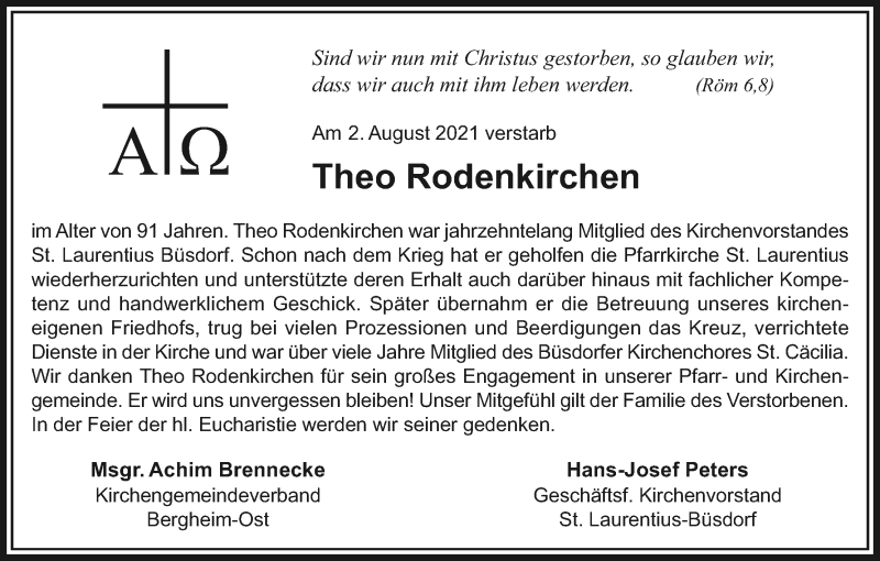  Traueranzeige für Theo Rodenkirchen vom 14.08.2021 aus Kölner Stadt-Anzeiger / Kölnische Rundschau / Express