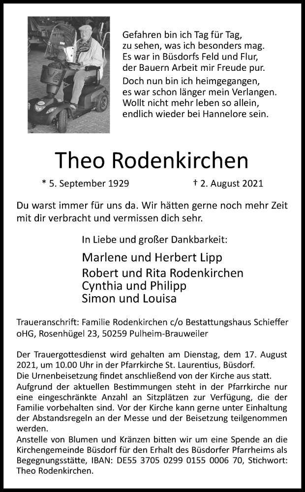  Traueranzeige für Theo Rodenkirchen vom 14.08.2021 aus Kölner Stadt-Anzeiger / Kölnische Rundschau / Express