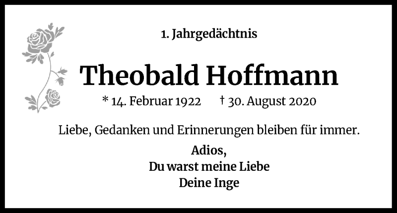  Traueranzeige für Theobald Hoffmann vom 30.08.2021 aus Kölner Stadt-Anzeiger / Kölnische Rundschau / Express