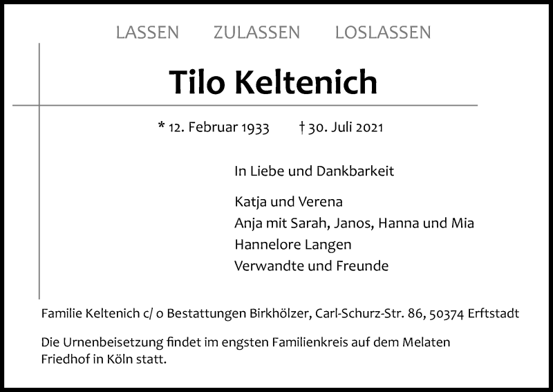  Traueranzeige für Tilo Keltenich vom 14.08.2021 aus Kölner Stadt-Anzeiger / Kölnische Rundschau / Express