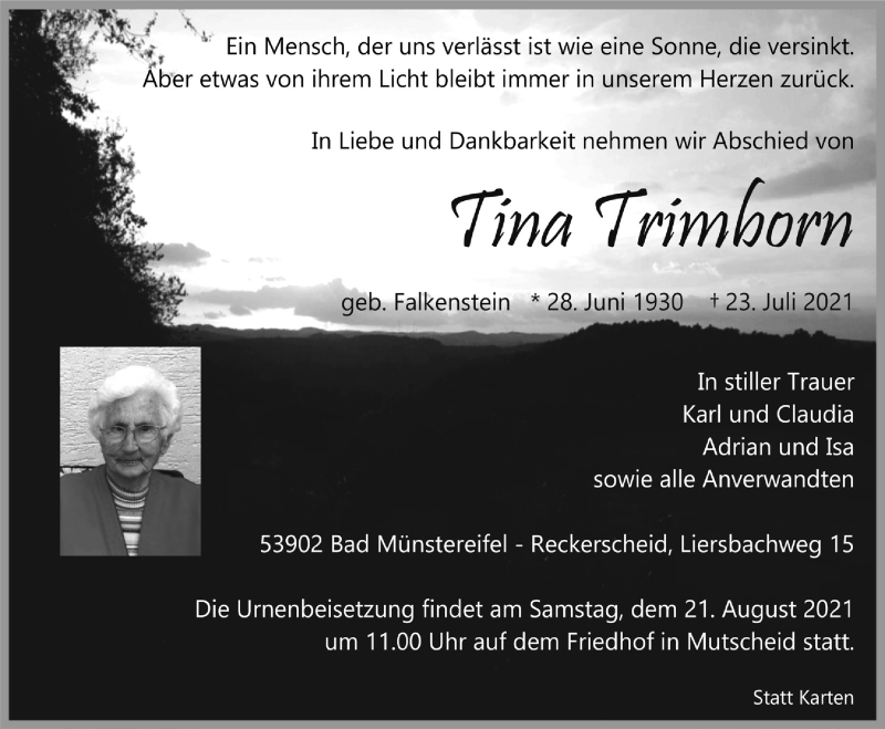  Traueranzeige für Tina Trimborn vom 07.08.2021 aus  Blickpunkt Euskirchen 