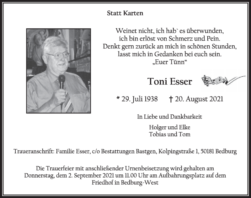  Traueranzeige für Toni Esser vom 27.08.2021 aus  Werbepost 