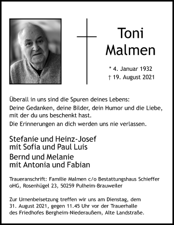 Anzeige von Toni Malmen von Kölner Stadt-Anzeiger / Kölnische Rundschau / Express