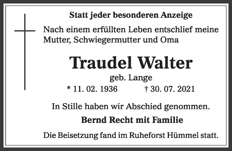  Traueranzeige für Traudel Walter vom 20.08.2021 aus  Werbepost 