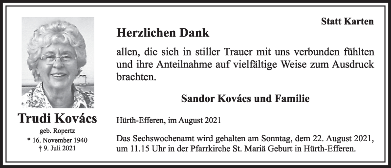  Traueranzeige für Trudi Kovács vom 13.08.2021 aus  Wochenende 