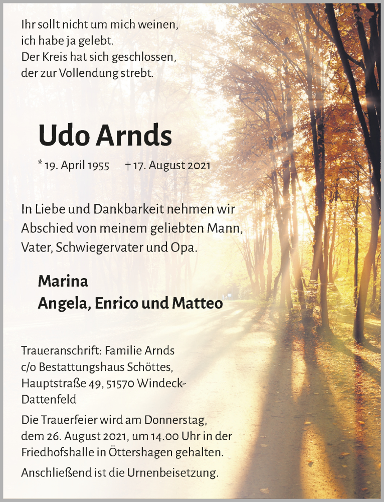  Traueranzeige für Udo Arnds vom 20.08.2021 aus  Lokalanzeiger 