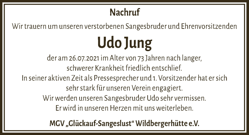  Traueranzeige für Udo Jung vom 27.08.2021 aus  Lokalanzeiger 