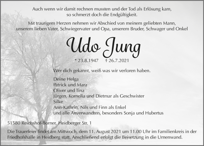  Traueranzeige für Udo Jung vom 06.08.2021 aus  Anzeigen Echo  Lokalanzeiger 