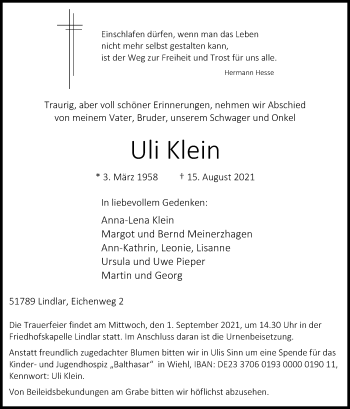 Anzeige von Uli Klein von Kölner Stadt-Anzeiger / Kölnische Rundschau / Express