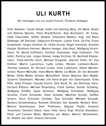 Anzeige von Uli Kurth von Kölner Stadt-Anzeiger / Kölnische Rundschau / Express