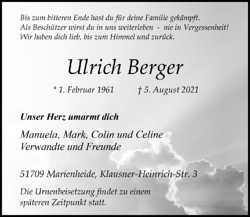  Traueranzeige für Ulrich Berger vom 13.08.2021 aus  Anzeigen Echo 