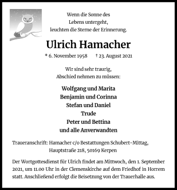 Anzeige von Ulrich Hamacher von Kölner Stadt-Anzeiger / Kölnische Rundschau / Express
