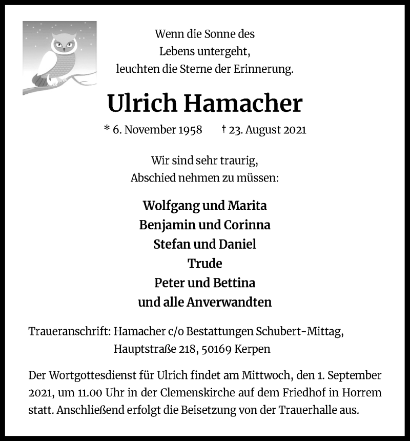  Traueranzeige für Ulrich Hamacher vom 28.08.2021 aus Kölner Stadt-Anzeiger / Kölnische Rundschau / Express
