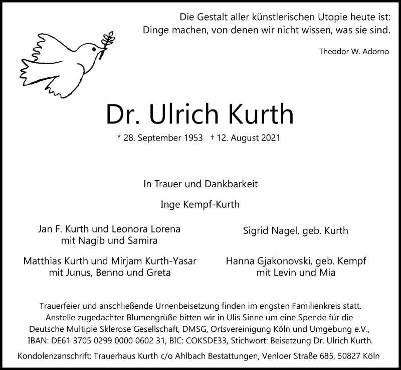  Traueranzeige für Ulrich Kurth vom 21.08.2021 aus Kölner Stadt-Anzeiger / Kölnische Rundschau / Express