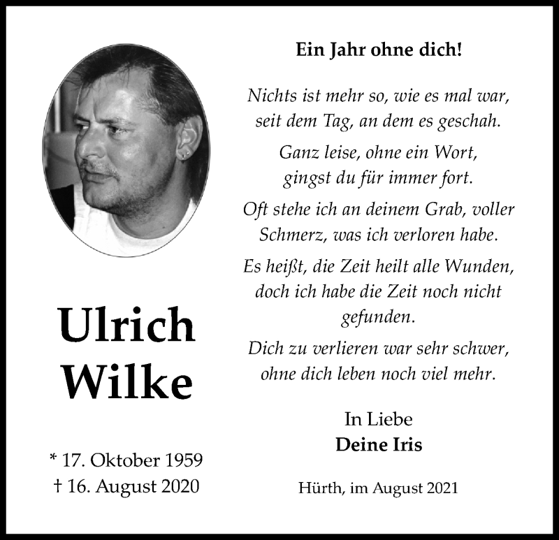  Traueranzeige für Ulrich Wilke vom 14.08.2021 aus Kölner Stadt-Anzeiger / Kölnische Rundschau / Express