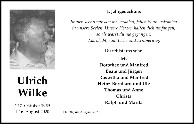  Traueranzeige für Ulrich Wilke vom 14.08.2021 aus Kölner Stadt-Anzeiger / Kölnische Rundschau / Express