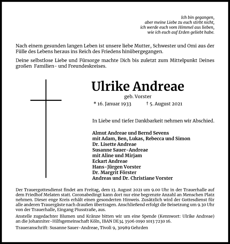  Traueranzeige für Ulrike Andreae vom 11.08.2021 aus Kölner Stadt-Anzeiger / Kölnische Rundschau / Express