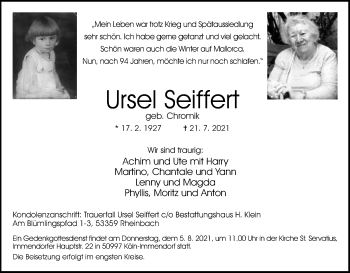 Anzeige von Ursel Seiffert von Kölner Stadt-Anzeiger / Kölnische Rundschau / Express