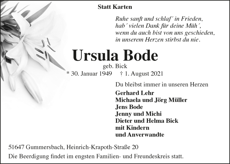  Traueranzeige für Ursula Bode vom 06.08.2021 aus  Anzeigen Echo 