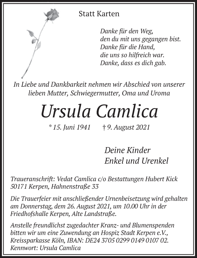  Traueranzeige für Ursula Camlica vom 20.08.2021 aus  Werbepost 