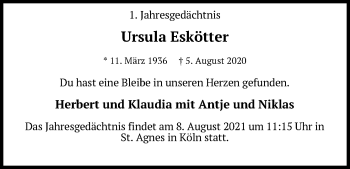 Anzeige von Ursula Eskötter von Kölner Stadt-Anzeiger / Kölnische Rundschau / Express