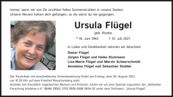 Anzeige von Ursula Flügel von Kölner Stadt-Anzeiger / Kölnische Rundschau / Express