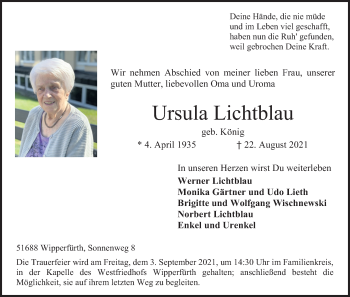 Anzeige von Ursula Lichtblau von Kölner Stadt-Anzeiger / Kölnische Rundschau / Express