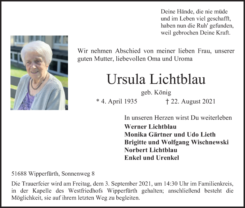  Traueranzeige für Ursula Lichtblau vom 28.08.2021 aus Kölner Stadt-Anzeiger / Kölnische Rundschau / Express
