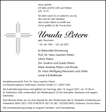 Anzeige von Ursula Peters von Kölner Stadt-Anzeiger / Kölnische Rundschau / Express