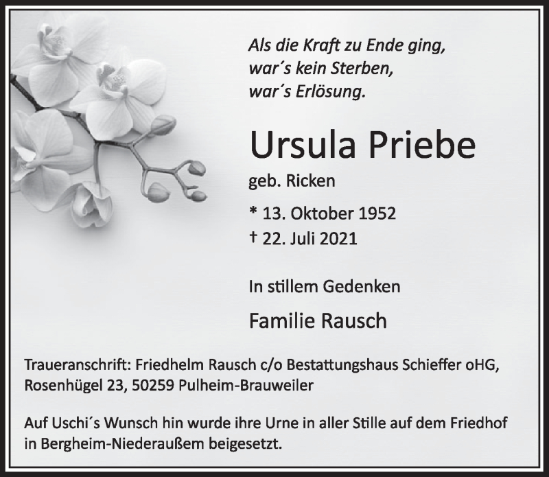  Traueranzeige für Ursula Priebe vom 06.08.2021 aus  Werbepost 
