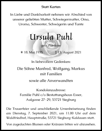 Anzeige von Ursula Puhl von Kölner Stadt-Anzeiger / Kölnische Rundschau / Express