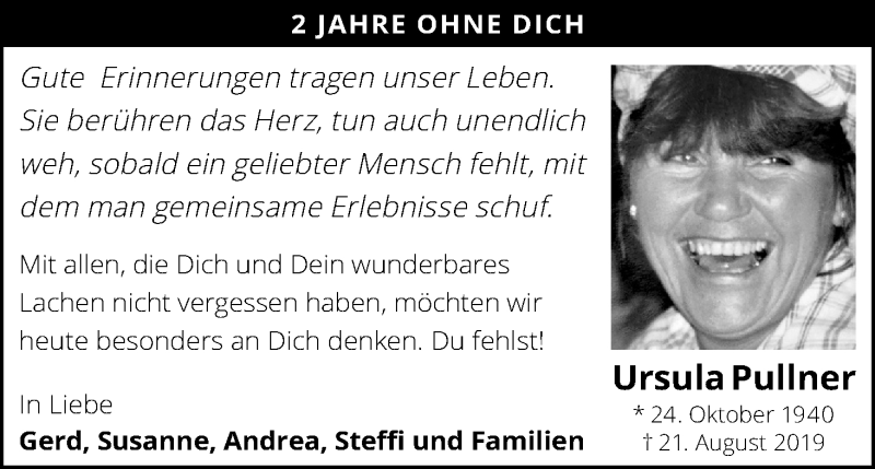  Traueranzeige für Ursula Pullner vom 21.08.2021 aus Kölner Stadt-Anzeiger / Kölnische Rundschau / Express