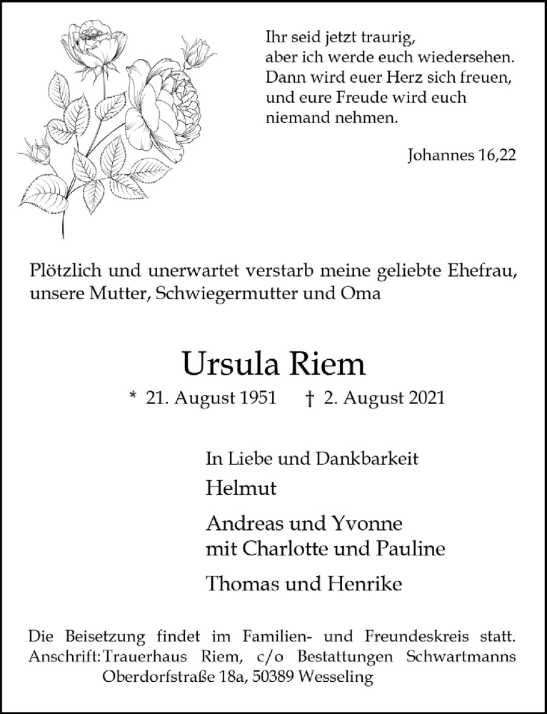  Traueranzeige für Ursula Riem vom 13.08.2021 aus  Schlossbote/Werbekurier 