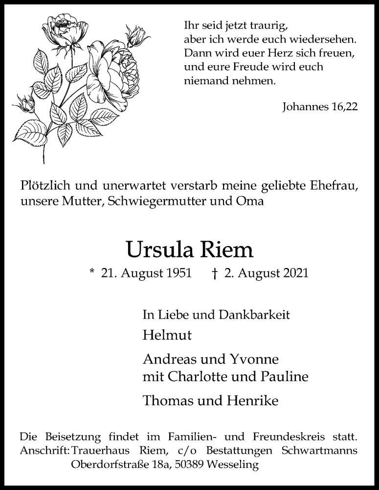  Traueranzeige für Ursula Riem vom 07.08.2021 aus Kölner Stadt-Anzeiger / Kölnische Rundschau / Express