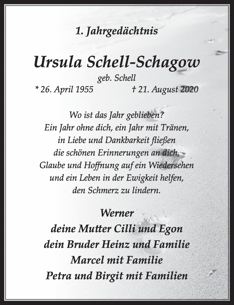  Traueranzeige für Ursula Schell-Schagow vom 20.08.2021 aus  Wochenende 