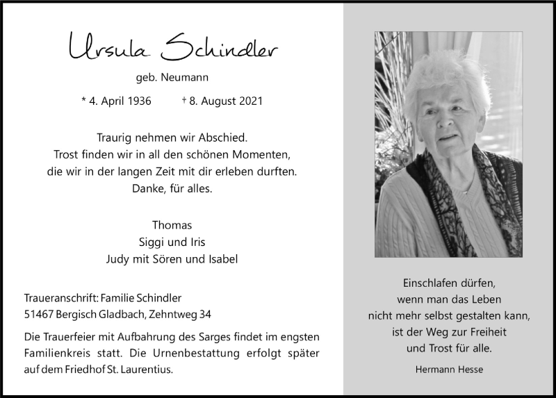  Traueranzeige für Ursula Schindler vom 13.08.2021 aus  Bergisches Handelsblatt 
