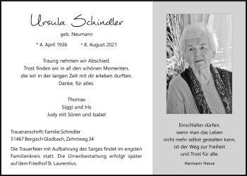Anzeige von Ursula Schindler von  Bergisches Handelsblatt 