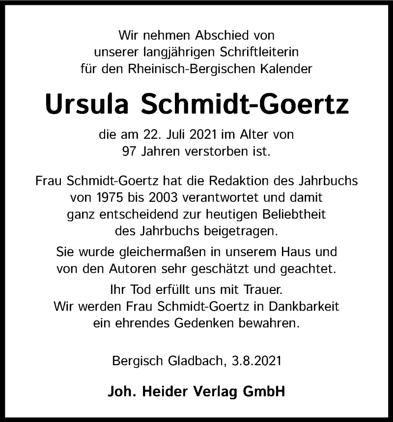  Traueranzeige für Ursula Schmidt-Goertz vom 11.08.2021 aus Kölner Stadt-Anzeiger / Kölnische Rundschau / Express