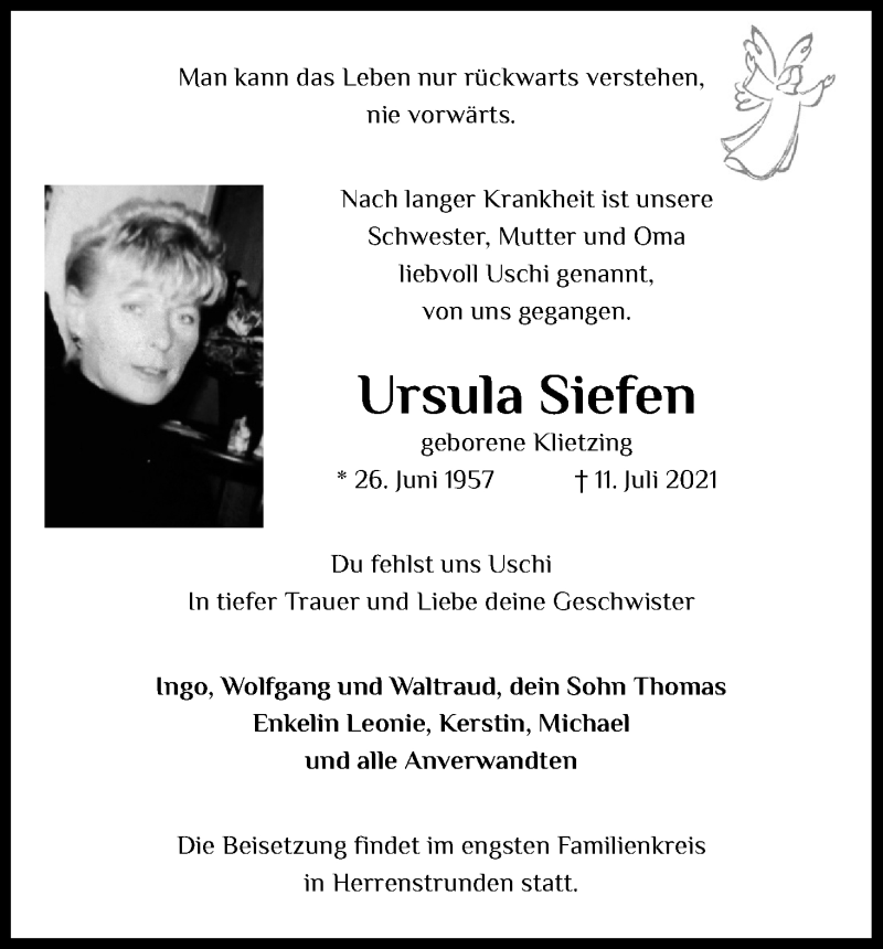  Traueranzeige für Ursula Siefen vom 07.08.2021 aus Kölner Stadt-Anzeiger / Kölnische Rundschau / Express