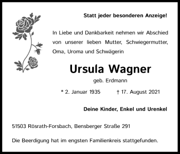 Anzeige von Ursula Wagner von Kölner Stadt-Anzeiger / Kölnische Rundschau / Express