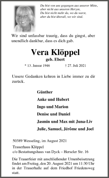 Anzeige von Vera Klöppel von  Schlossbote/Werbekurier 