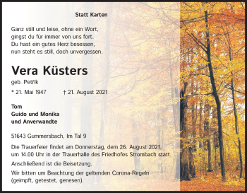 Anzeige von Vera Küsters von Kölner Stadt-Anzeiger / Kölnische Rundschau / Express