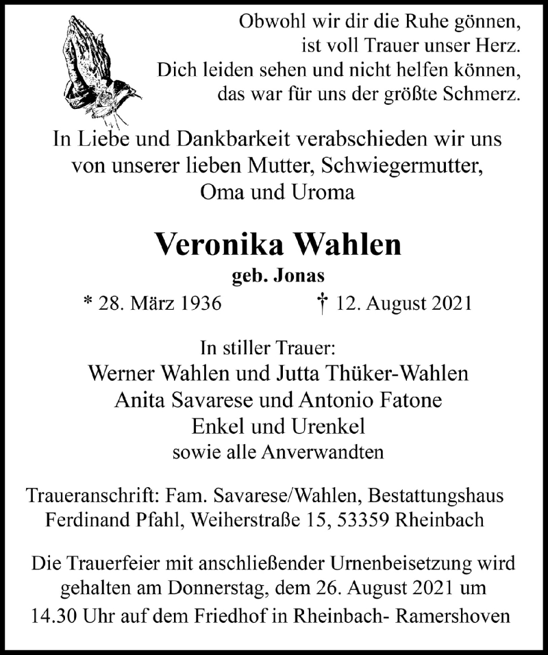  Traueranzeige für Veronika Wahlen vom 20.08.2021 aus  Schaufenster/Blickpunkt 