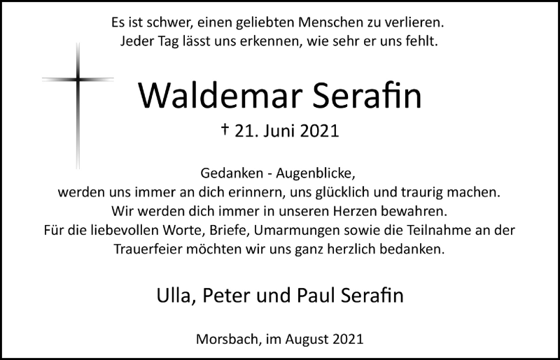  Traueranzeige für Waldemar Serafin vom 27.08.2021 aus  Lokalanzeiger 