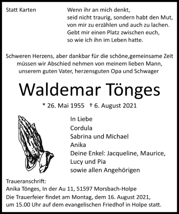 Anzeige von Waldemar Tönges von  Lokalanzeiger 