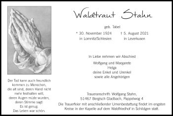 Anzeige von Waldtraut Stahn von Kölner Stadt-Anzeiger / Kölnische Rundschau / Express