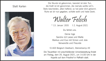 Anzeige von Walter Felsch von  Bergisches Handelsblatt 